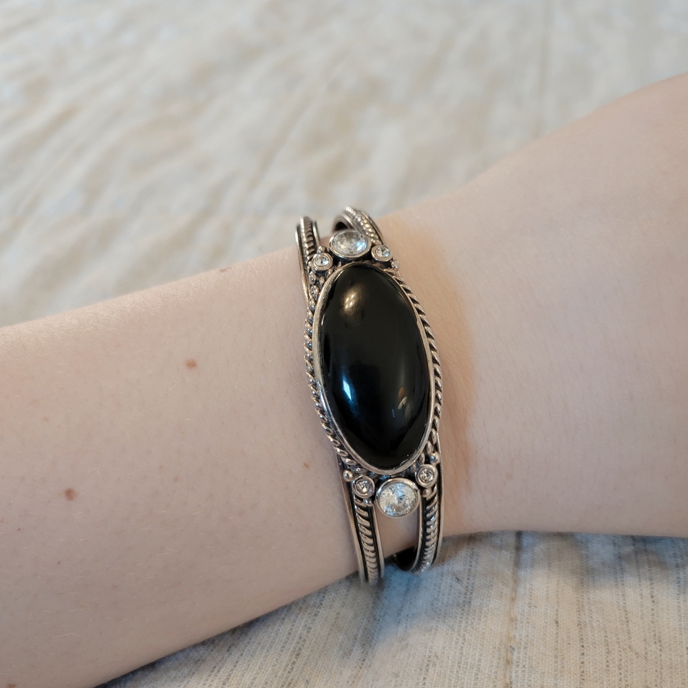 Black Onyx 925 Sterling Silver Barse Cuff Bracelet - Picture 5 of 7